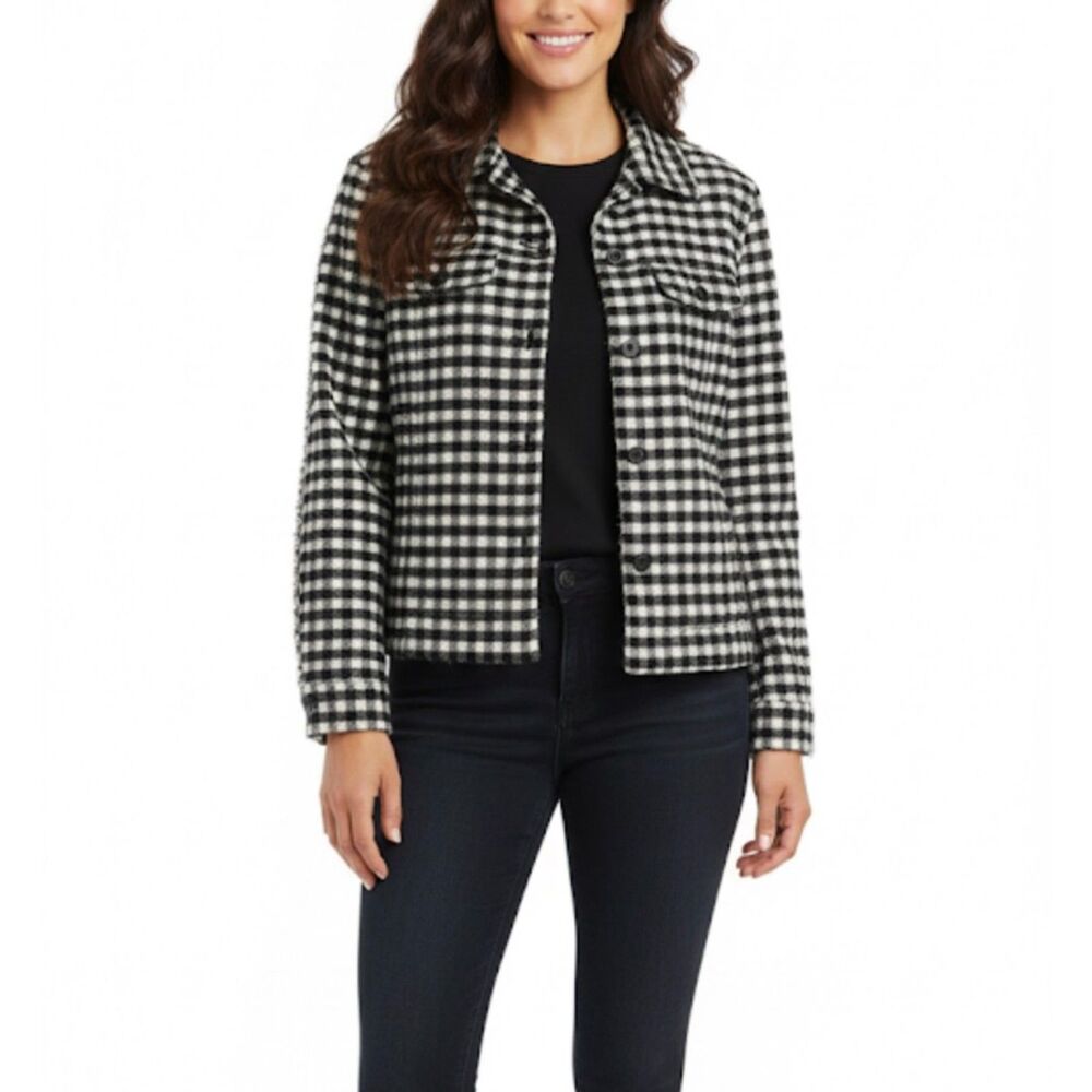 Talbots Womens Black White Buffalo Check Wool Blend Button Up Suit Jacket Size 4